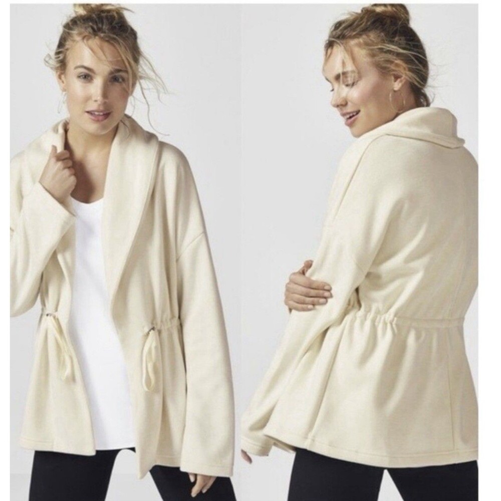Fabletics‎ Sage Coat Jacket Fleece Size Medium Cream Open Front Cinched Waist